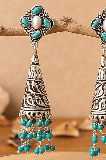 Silver Finish Turquoise Beaded Dangler Earrings In Sterling Silver