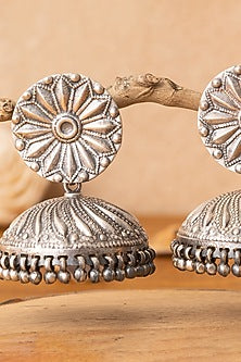 Silver Finish Beaded Jhumka Earrings In Sterling Silver