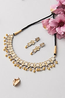 Gold Finish Kundan Polki Necklace Set In Sterling Silver