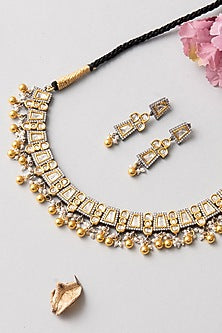 Gold Finish Kundan Polki Necklace Set In Sterling Silver