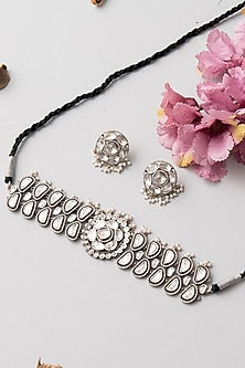 White Finish Kundan Polki Necklace Set In Sterling Silver