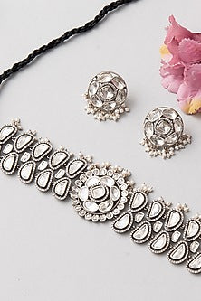 White Finish Kundan Polki Necklace Set In Sterling Silver