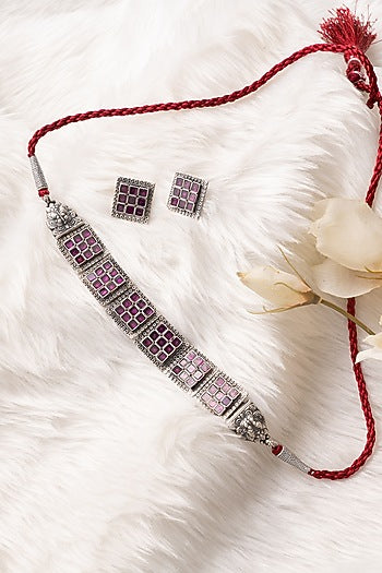 Silver Finish Temple Choker Necklace Set In Sterling Silver