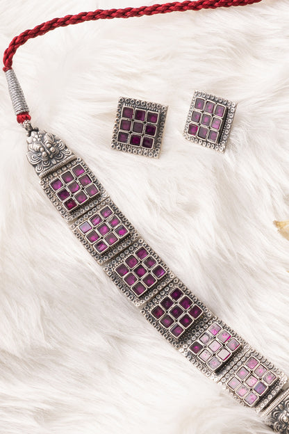 Silver Finish Temple Choker Necklace Set In Sterling Silver