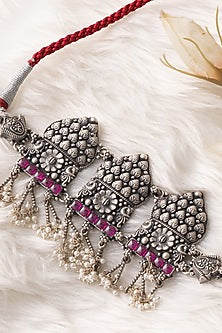 Silver Finish Temple Choker Necklace In Sterling Silver