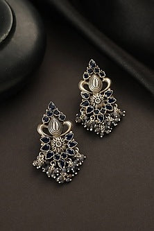 White Finish Blue Sapphire Temple Dangler Earrings In Sterling Silver