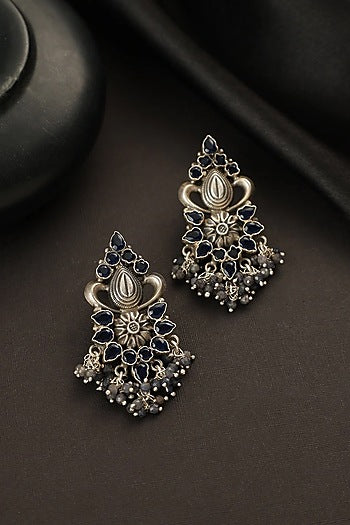 White Finish Blue Sapphire Temple Dangler Earrings In Sterling Silver
