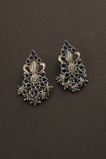 White Finish Blue Sapphire Temple Dangler Earrings In Sterling Silver