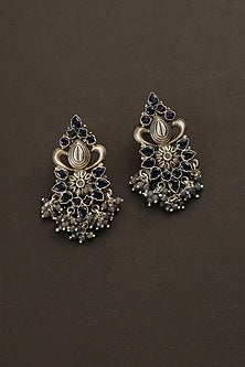 White Finish Blue Sapphire Temple Dangler Earrings In Sterling Silver