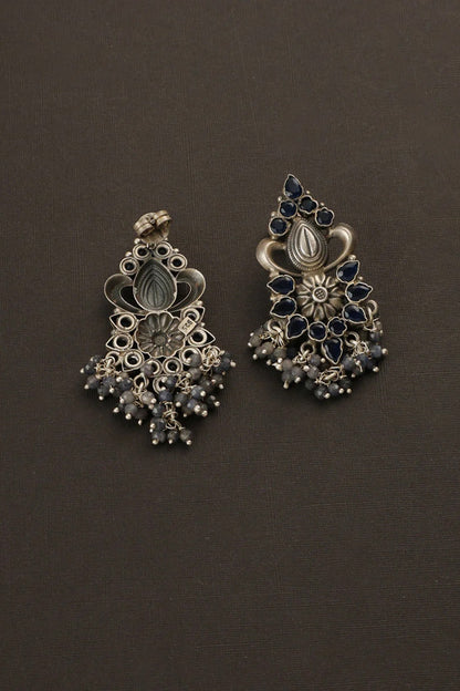 White Finish Blue Sapphire Temple Dangler Earrings In Sterling Silver