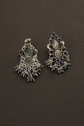 White Finish Blue Sapphire Temple Dangler Earrings In Sterling Silver