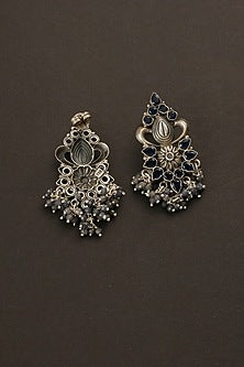 White Finish Blue Sapphire Temple Dangler Earrings In Sterling Silver