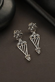 White Finish Black Onyx Temple Dangler Earrings In Sterling Silver