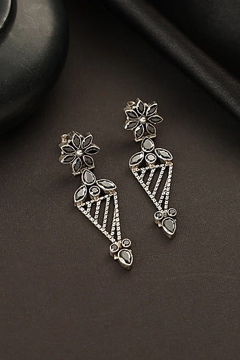White Finish Black Onyx Temple Dangler Earrings In Sterling Silver