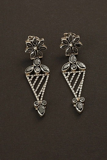 White Finish Black Onyx Temple Dangler Earrings In Sterling Silver