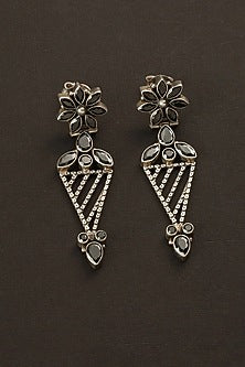 White Finish Black Onyx Temple Dangler Earrings In Sterling Silver