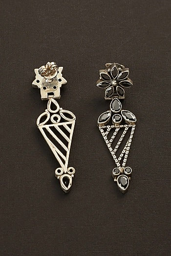 White Finish Black Onyx Temple Dangler Earrings In Sterling Silver