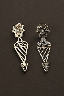 White Finish Black Onyx Temple Dangler Earrings In Sterling Silver