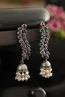 White Finish Red Kempstone & Pearl Jhumka Earrings In Sterling Silver