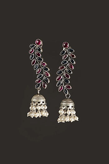 White Finish Red Kempstone & Pearl Jhumka Earrings In Sterling Silver