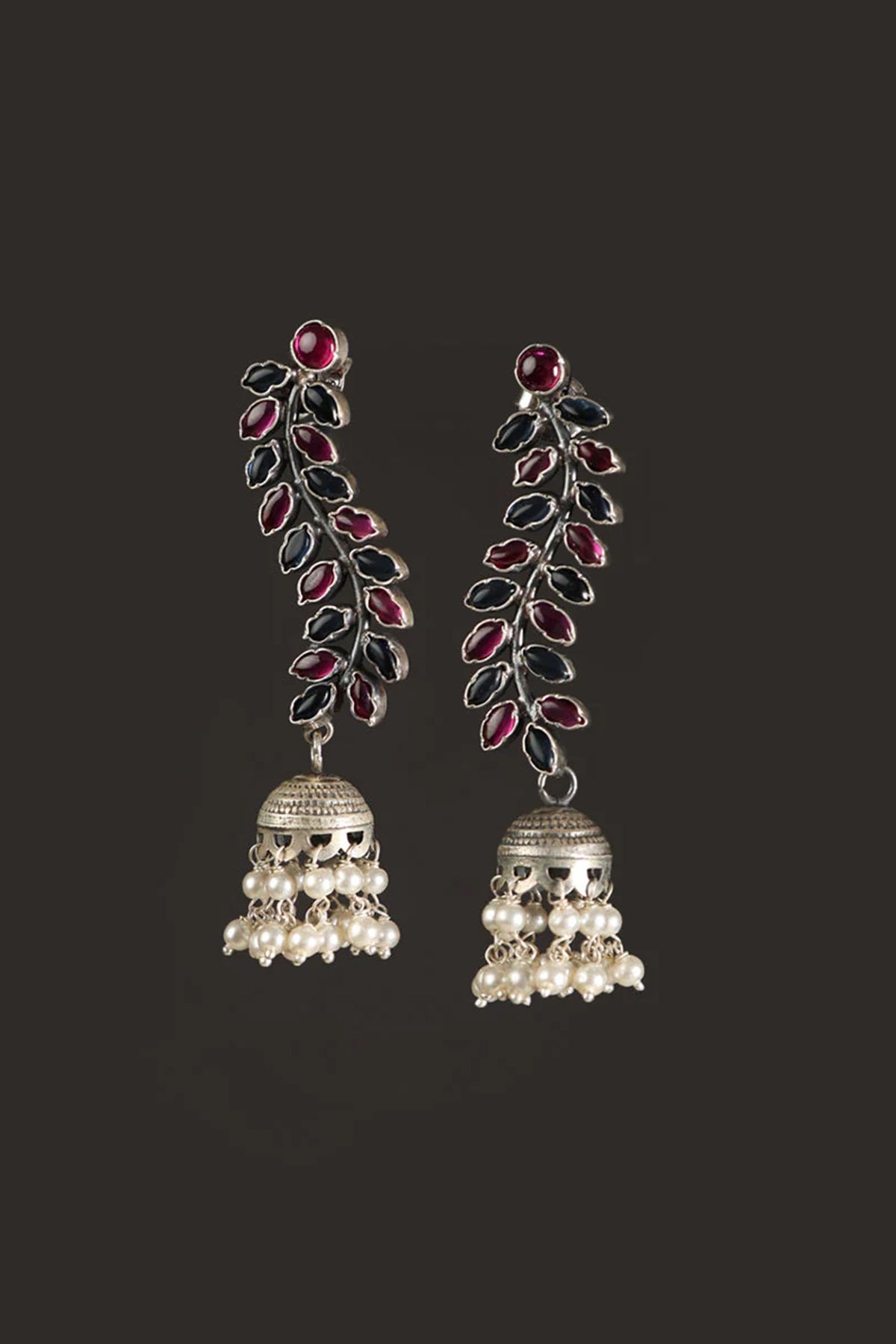 White Finish Red Kempstone & Pearl Jhumka Earrings In Sterling Silver