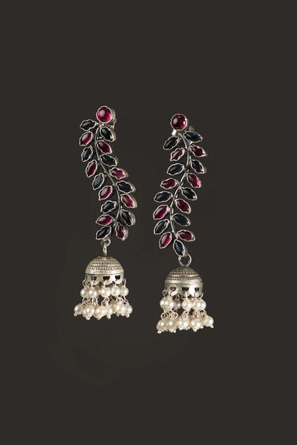 White Finish Red Kempstone & Pearl Jhumka Earrings In Sterling Silver
