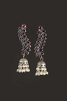 White Finish Red Kempstone & Pearl Jhumka Earrings In Sterling Silver