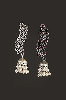 White Finish Red Kempstone & Pearl Jhumka Earrings In Sterling Silver