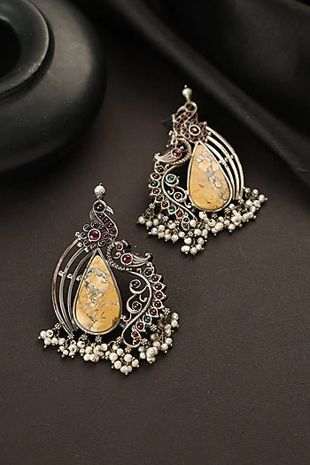 White Finish Red Kempstone Temple Dangler Earrings In Sterling Silver