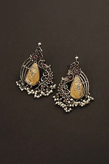 White Finish Red Kempstone Temple Dangler Earrings In Sterling Silver