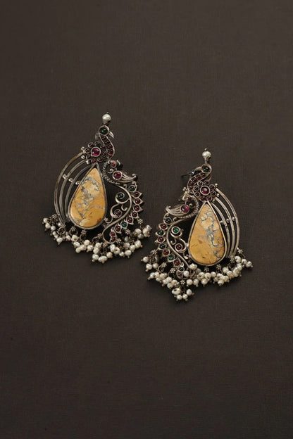 White Finish Red Kempstone Temple Dangler Earrings In Sterling Silver