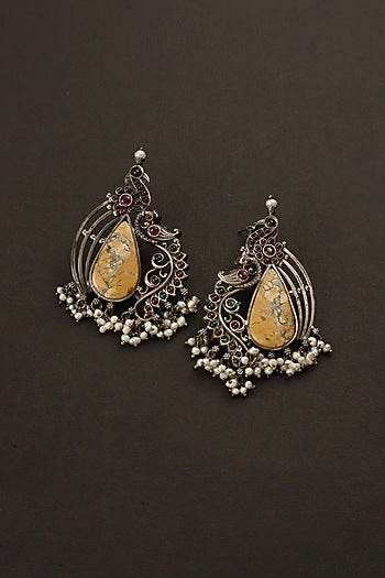 White Finish Red Kempstone Temple Dangler Earrings In Sterling Silver