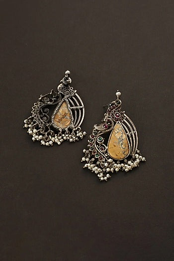 White Finish Red Kempstone Temple Dangler Earrings In Sterling Silver