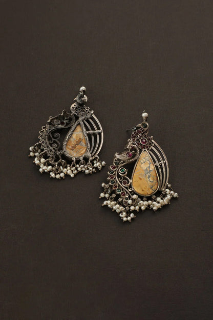 White Finish Red Kempstone Temple Dangler Earrings In Sterling Silver