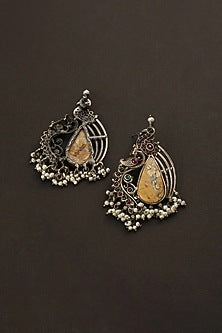 White Finish Red Kempstone Temple Dangler Earrings In Sterling Silver