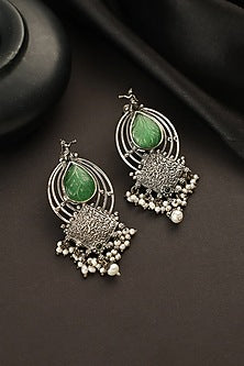 White Finish Green Jade Stone Temple Dangler Earrings In Sterling Silver