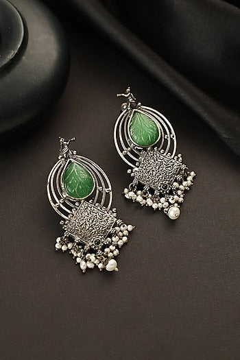 White Finish Green Jade Stone Temple Dangler Earrings In Sterling Silver