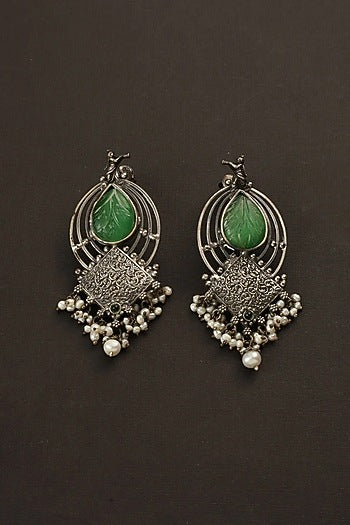 White Finish Green Jade Stone Temple Dangler Earrings In Sterling Silver