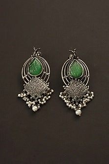 White Finish Green Jade Stone Temple Dangler Earrings In Sterling Silver