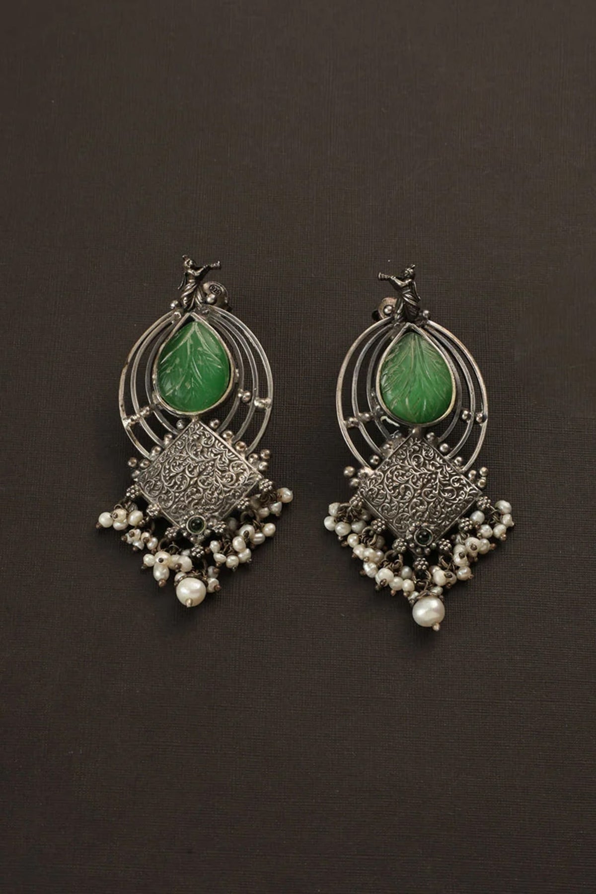 White Finish Green Jade Stone Temple Dangler Earrings In Sterling Silver