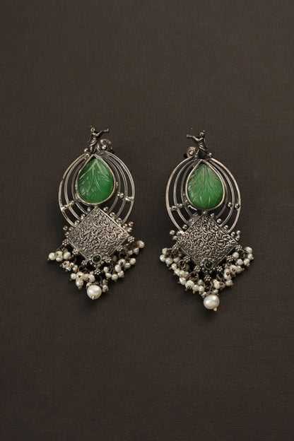White Finish Green Jade Stone Temple Dangler Earrings In Sterling Silver