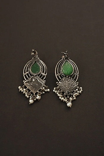 White Finish Green Jade Stone Temple Dangler Earrings In Sterling Silver