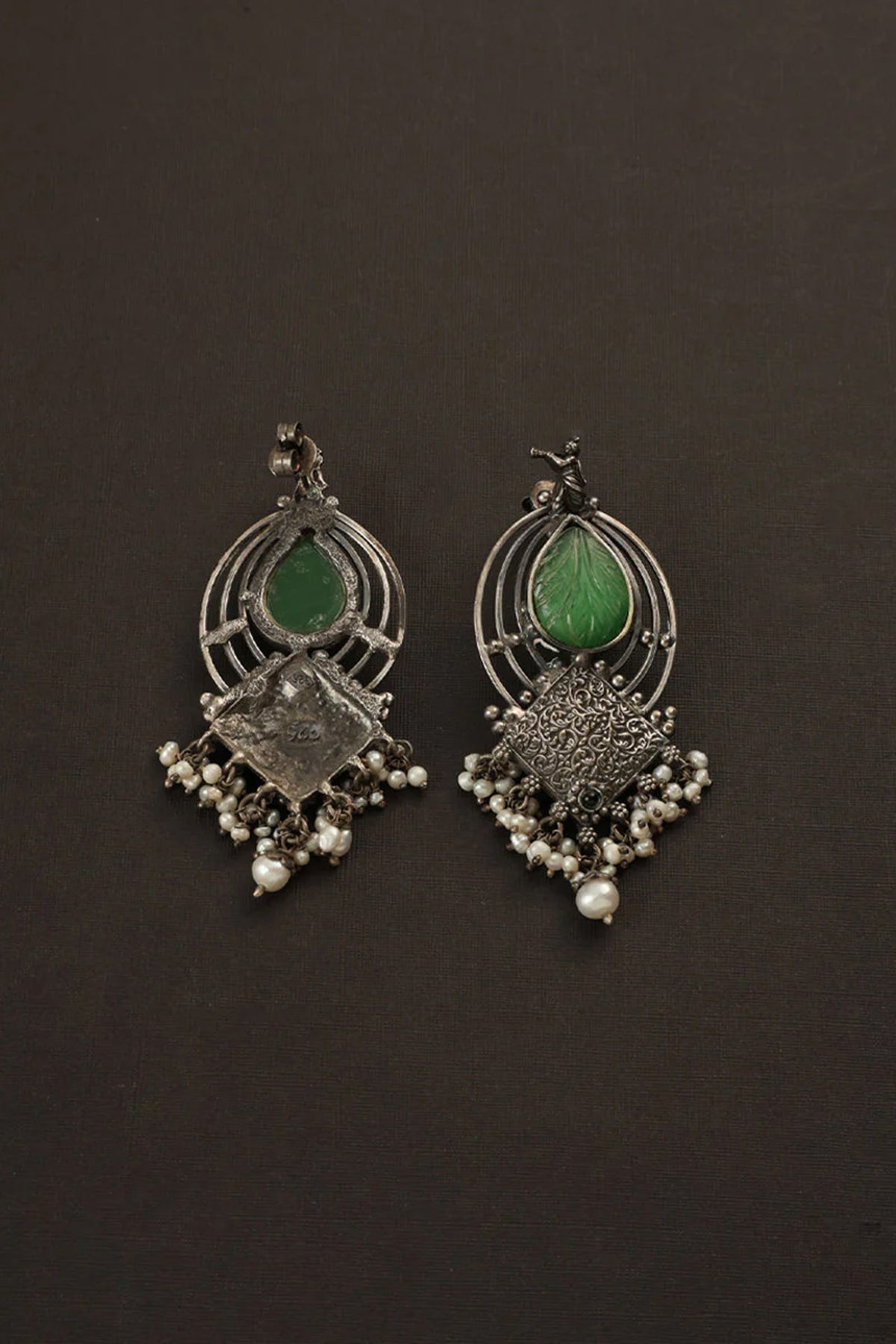 White Finish Green Jade Stone Temple Dangler Earrings In Sterling Silver