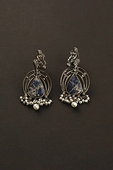 White Finish Blue Lapis Kempstone Temple Dangler Earrings In Sterling Silver