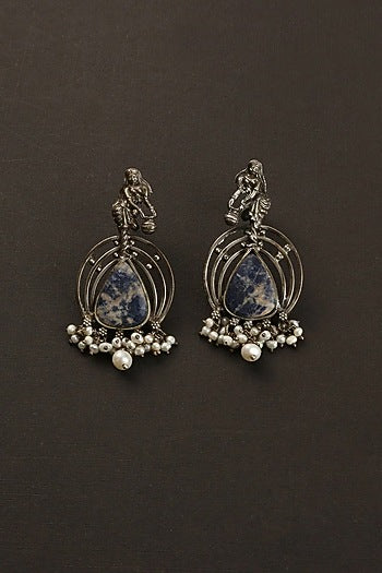 White Finish Blue Lapis Kempstone Temple Dangler Earrings In Sterling Silver