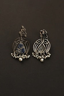 White Finish Blue Lapis Kempstone Temple Dangler Earrings In Sterling Silver