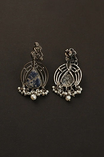 White Finish Blue Lapis Kempstone Temple Dangler Earrings In Sterling Silver