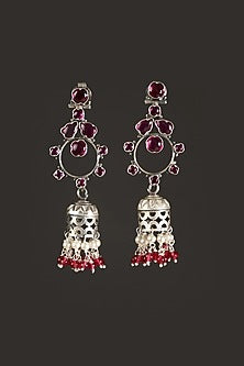 White Finish Ruby Temple Jhumka Earrings In Sterling Silver