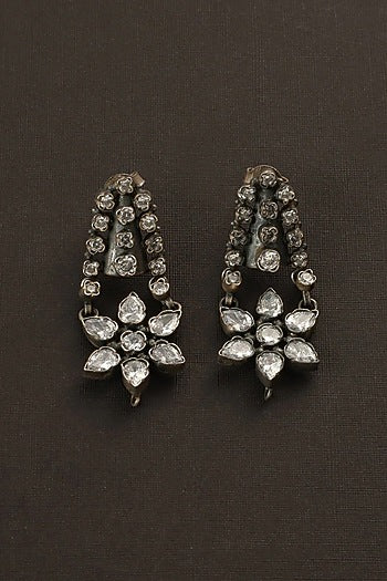 White Finish CZ Floral Dangler Earrings In Sterling Silver