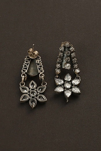 White Finish CZ Floral Dangler Earrings In Sterling Silver